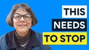 THIS NEEDS TO STOP... on white, black and yellow banners, and Sonia Weyers who is looking peaceful and available. This video talks about Stopping caregiver loneliness